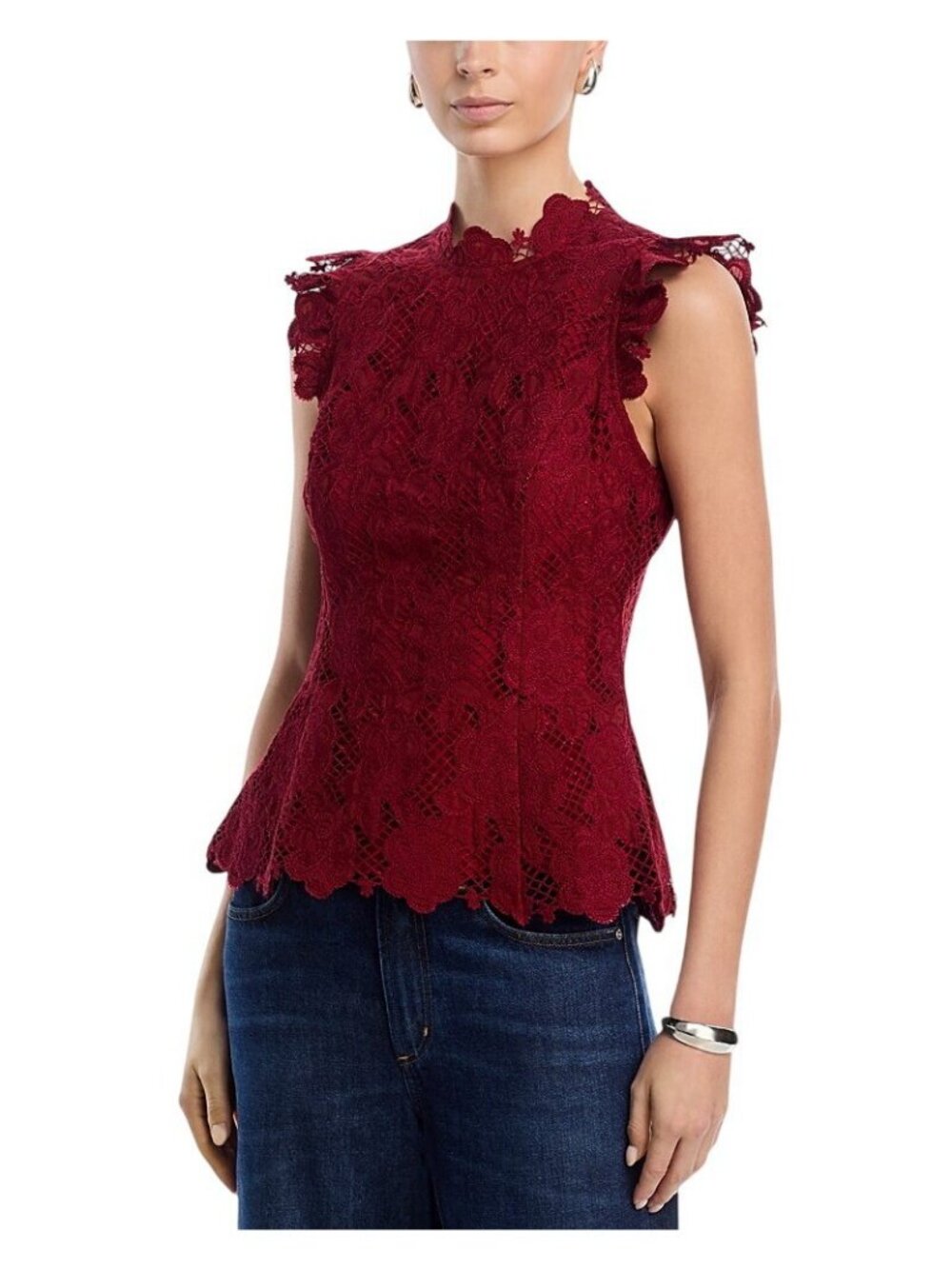 NWT Aqua Womens Contrast Lace Blouse Top IBM26184 Wine Red XS